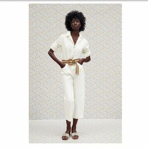 Zara Long Denim Jumpsuit Oyster White Sz XS